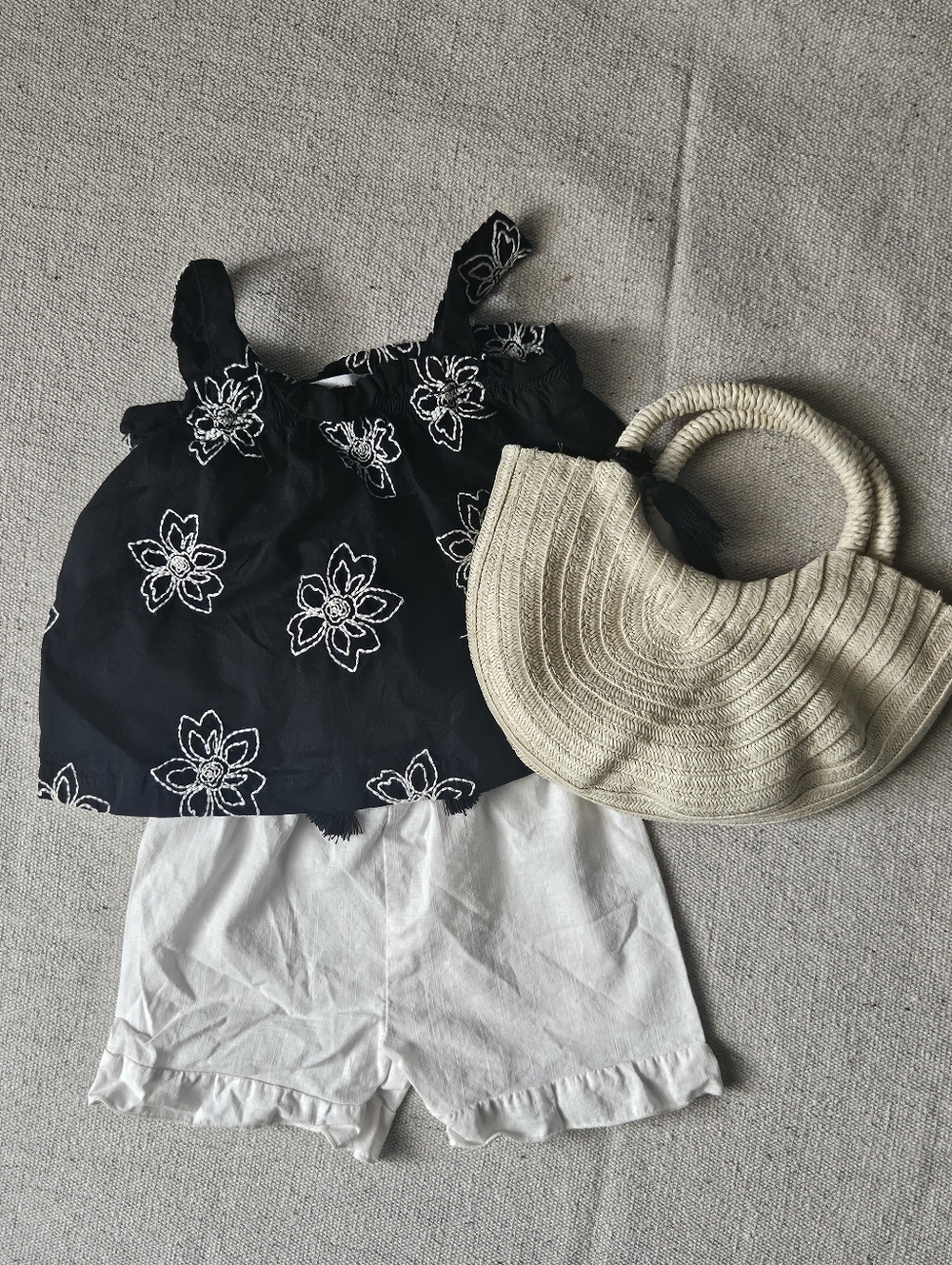 Black Floral Embroidered Tank with Off White Shorts 12 Months